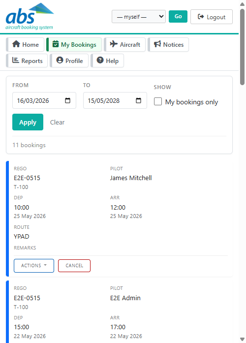 Mobile bookings list